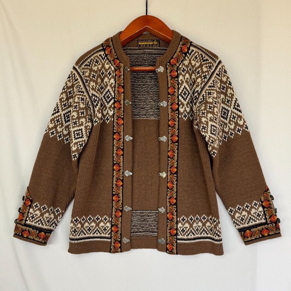 Women's Brown Fair Isle Cardigan Sweater with Embroidered Trim - Picture 2 of 16